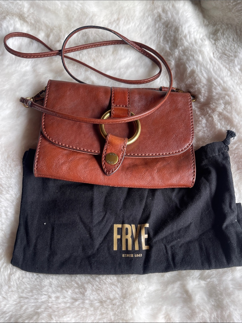 Frye Chestnut Brown Leather Crossbody with Brass Ring Detail